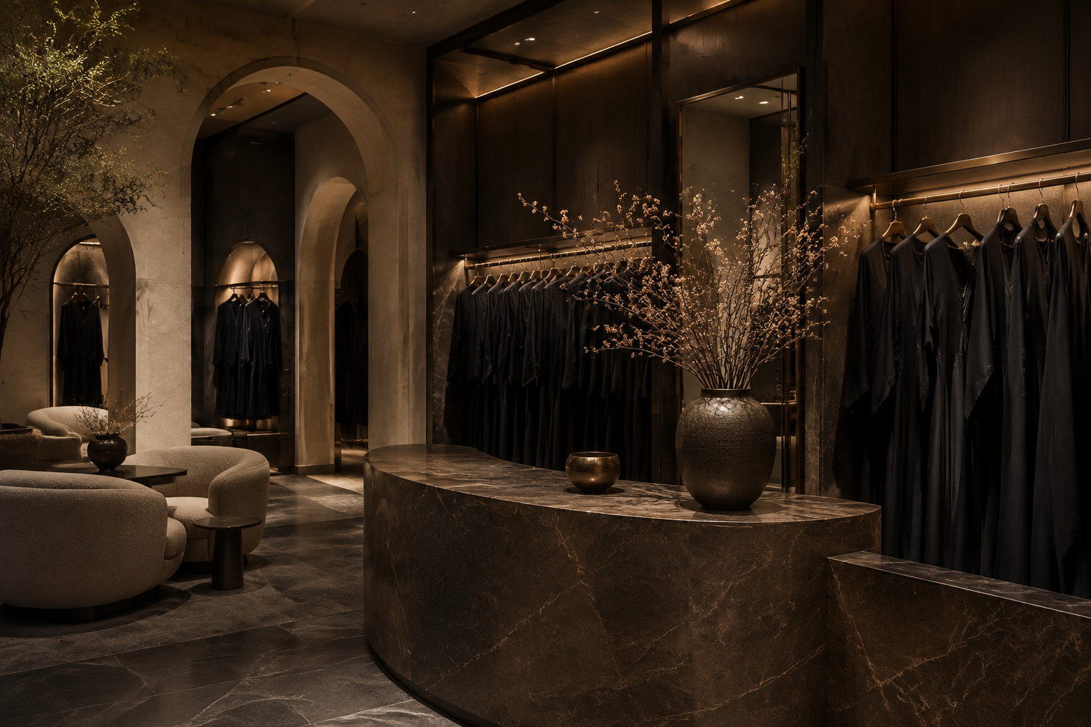 Warm marble and bronze boutique interior, an architectural inspiration for MARK