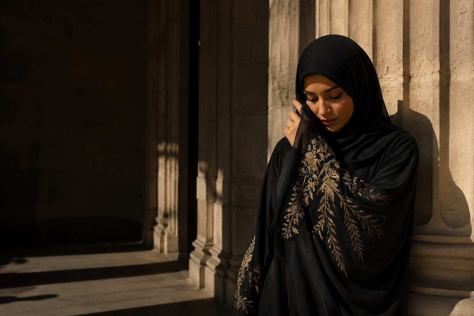 Modest fashion editorial with a flowing abaya and warm architectural light